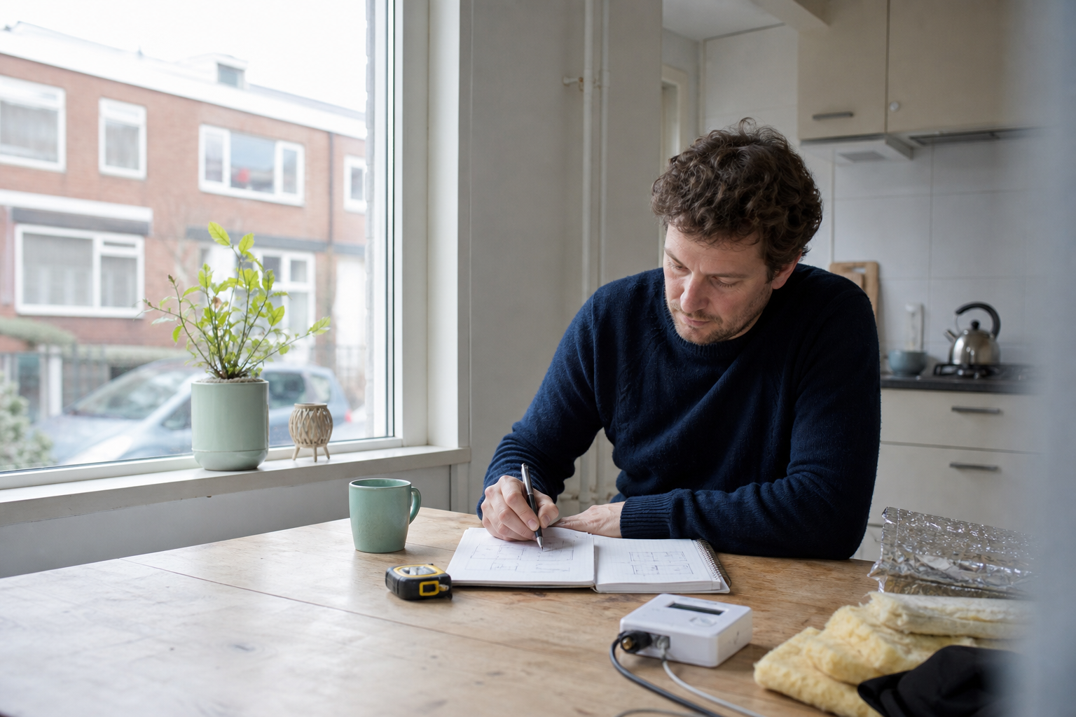 Bewoner en bouwkundige inspecteren isolatie en vocht in een schuin dak