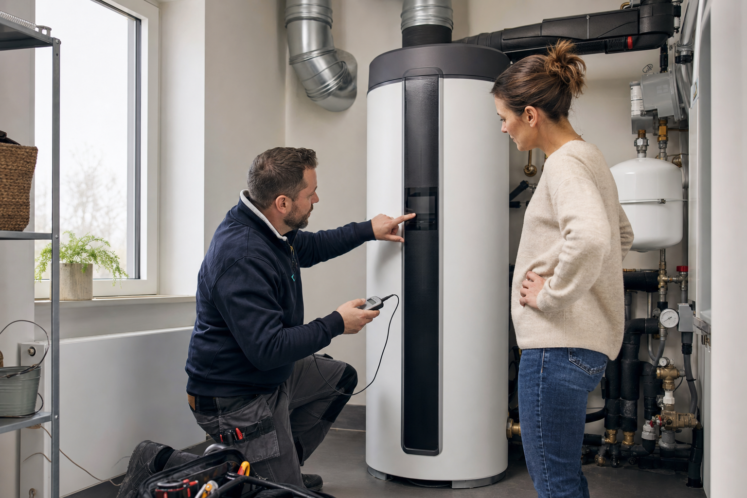 Beeld bij warmtepompboiler instellen: zuinig verwarmen met een veilige controle