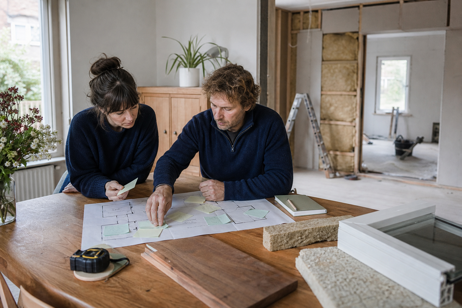 Bewoners plannen een duurzame verbouwing met materiaalmonsters en een plattegrond