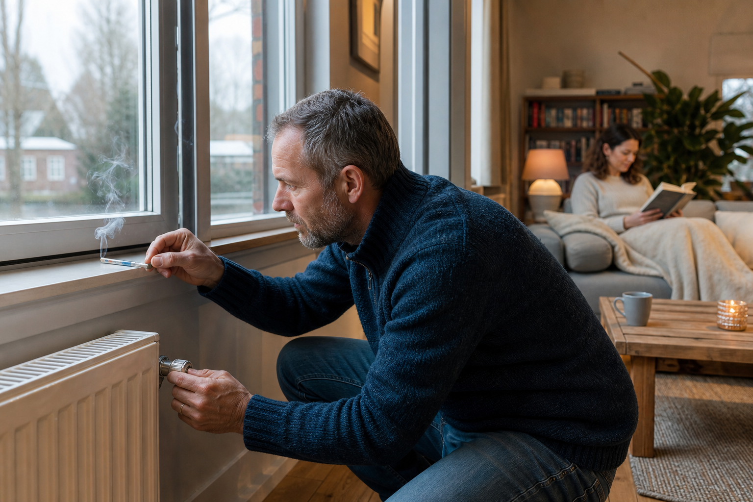 Bewoner controleert tocht en verwarmingsinstellingen in een lichte woonkamer