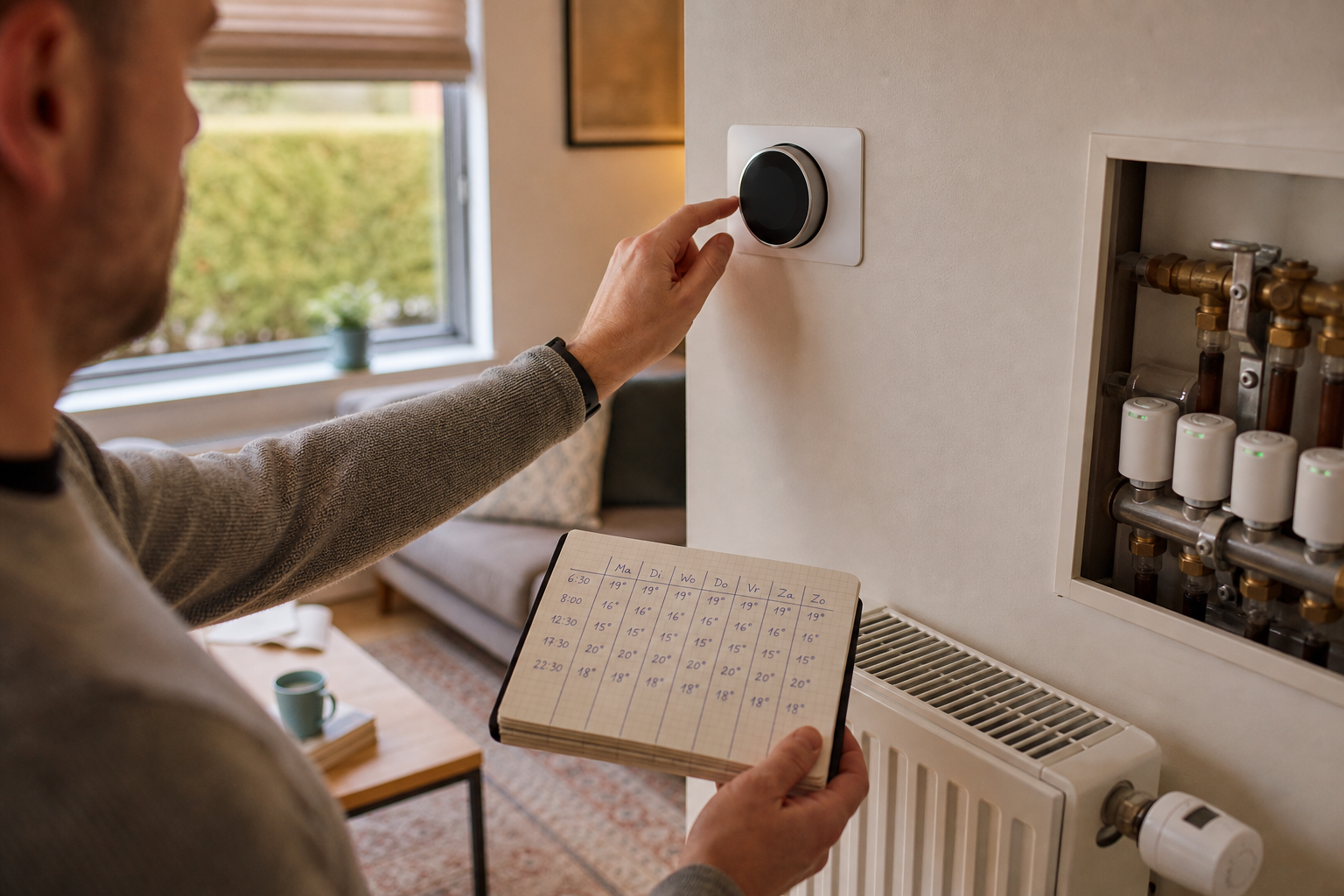 Thermostaat naast een notitieboek met een eenvoudig verwarmingsschema